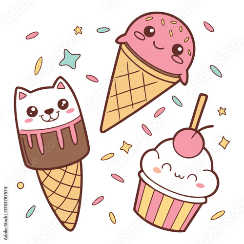 A colorful set of various delicious ice cream cones and cups in a sweet cartoon vector illustration