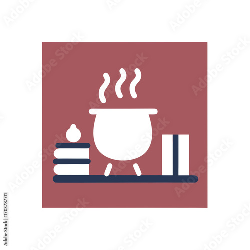 Cooking pot with steam and books on minimalistic background  