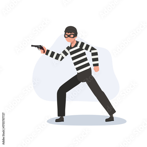 criminal bandit cartoon thief character in mask with handgun during robbery concept