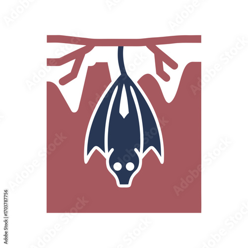 Bat illustration hanging upside down on a branch with stylized background  