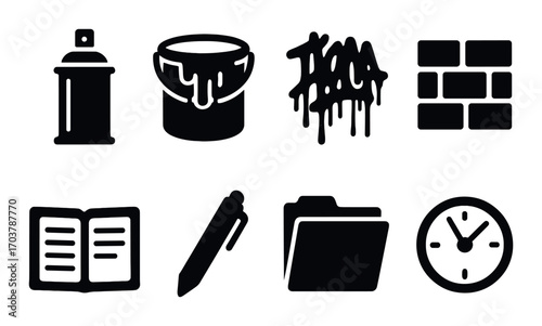 Urban art supplies icons: spray can, paint bucket, graffiti tag, brick wall, book, pen, folder, clock
