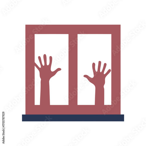 Hands reaching out from behind a window in flat illustration style  
