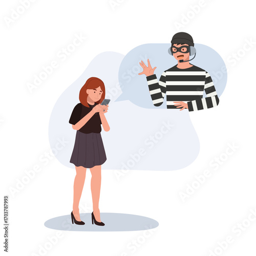 a woman on her phone while a scammer in striped outfit appears in a chat bubble showing online fraud risk