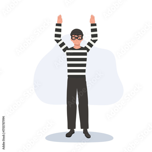 thief robber burglar cartoon illustration with striped shirt and mask hands up surrender pose arrested