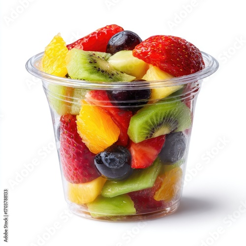 A clear plastic cup brimming with a vibrant mix of diced strawberries, kiwi, oranges, and blueberries, set against a stark white background