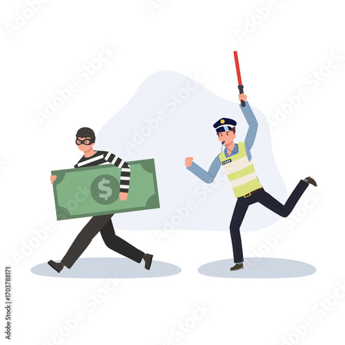 police chasing thief robbery crime scene with officer running after robber carrying money