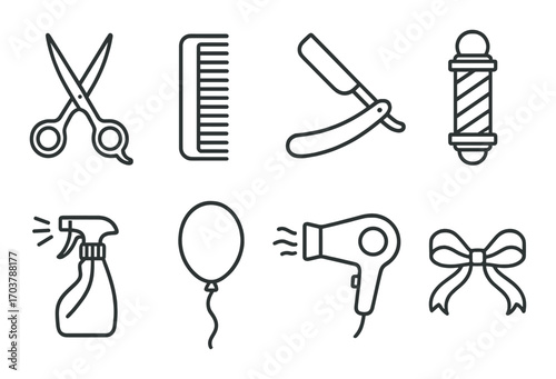 Barbershop tools icons with scissors, comb, razor, barber pole, spray, balloon, hair dryer, bow