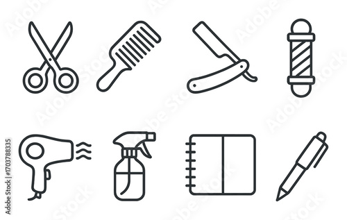Barber tools icons: scissors, comb, razor, pole, hairdryer, spray, notebook, pen