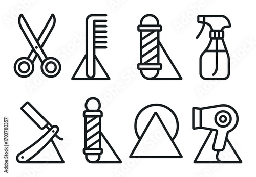 Barber shop icons: scissors, comb, spray bottle, razor, hairdryer