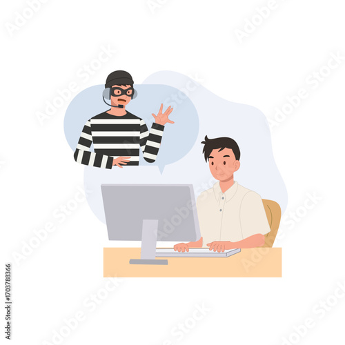 online scam deception with student boy at computer showing criminal fraud call center trick and youth internet danger awareness