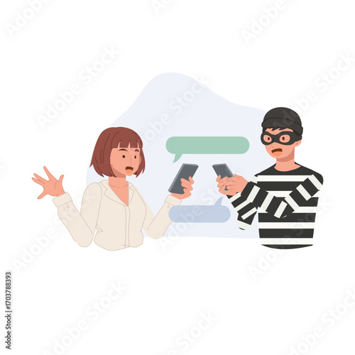 call center scam online fraud cyber crime illustration with mobile phone scammer tricking woman victim