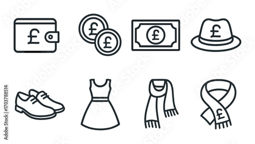 Monochrome icons of pound currency and fashion accessories