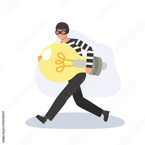 thief in striped shirt running with large light bulb shows idea theft where a business concept is stolen highlighting creativity