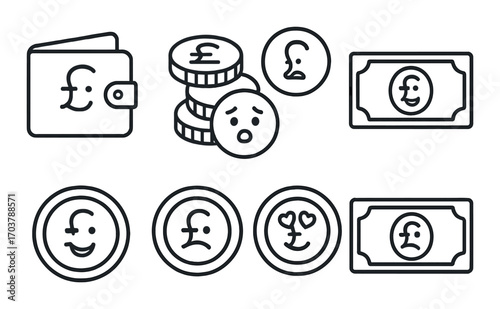 Pound sterling emoticons on wallet, coins, and notes with faces displaying various expressions