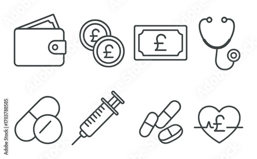 Healthcare cost icons: wallet, currency, medical tools, medication symbols
