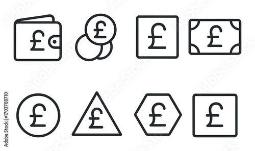 Different pound sterling symbols on various geometric shapes