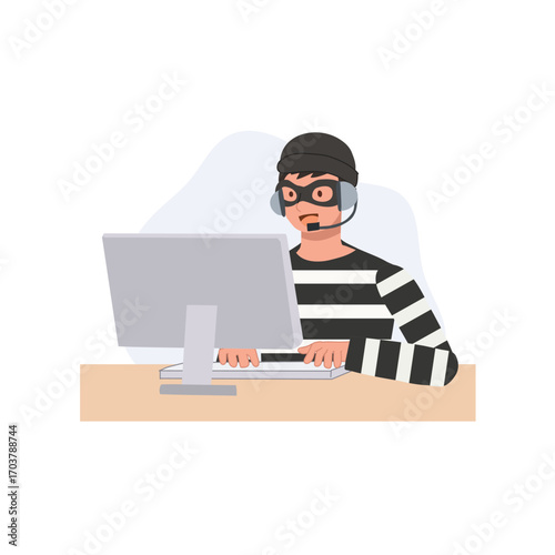 cyber attack scene showing masked hacker at computer depicting scammer online scam and cybersecurity threat prevention awareness
