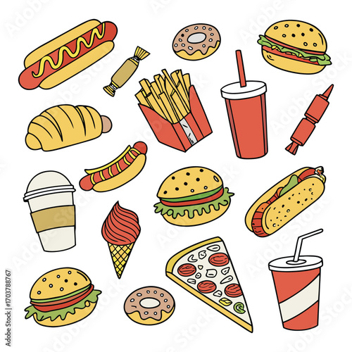 A vector illustration set of fast food icons including pizza, hamburgers, hot dogs, and fries for a meal