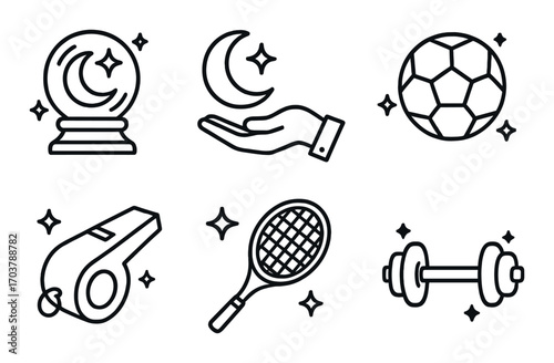 Mystical symbols and sports equipment icons on dark background