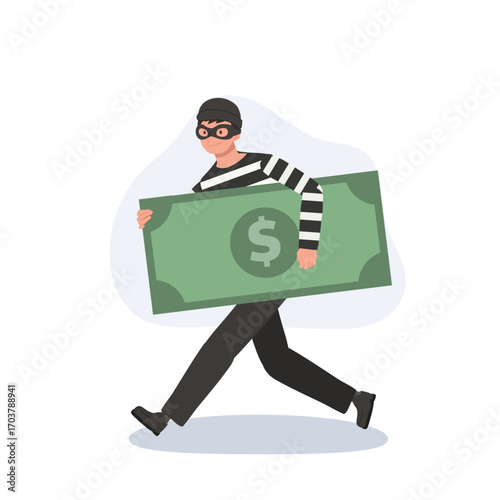 cartoon thief masked man carrying big money robbery illustration cash crime concept.