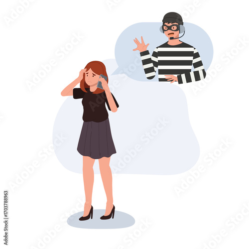 worried woman on mobile phone receiving scam call from criminal character. cybercrime