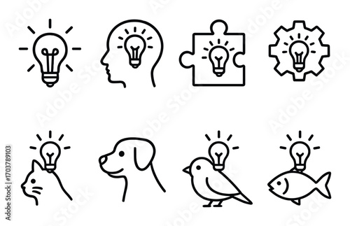 Conceptual symbols of innovation: animals, puzzle, gears, human head, lightbulbs