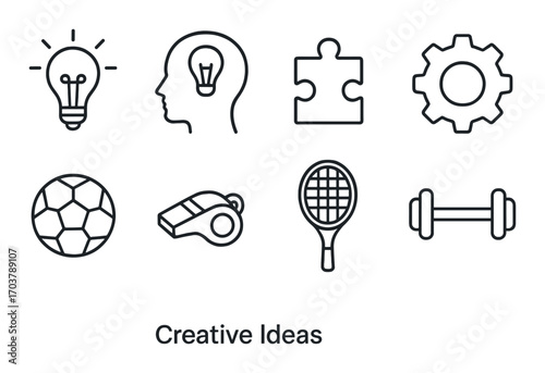 Icons of innovation and sports: lightbulb, head, puzzle, gear, soccer, whistle, tennis, dumbbell