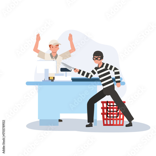 thief with knife shoplifting cartoon at convenience store cashier counter robbery and stealing money