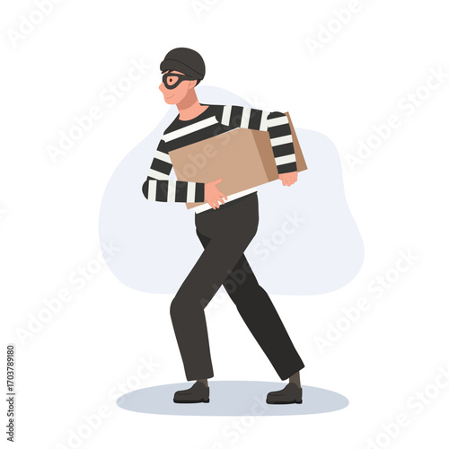 a masked thief in striped shirt carrying stolen package shows a burglary crime scene useful for crime prevention and security awareness themes