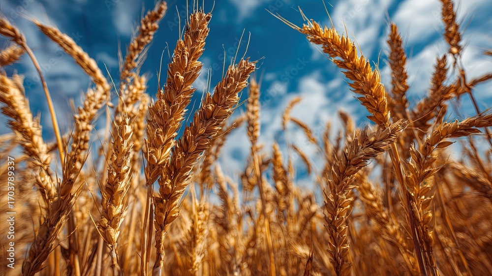 Fototapeta premium Field of wheat with a blue sky in the background
