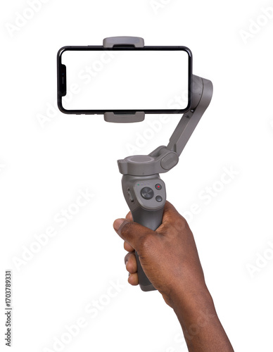 Man holding a blank smart phone on gimbal stabilizer isolated on white or transparent background