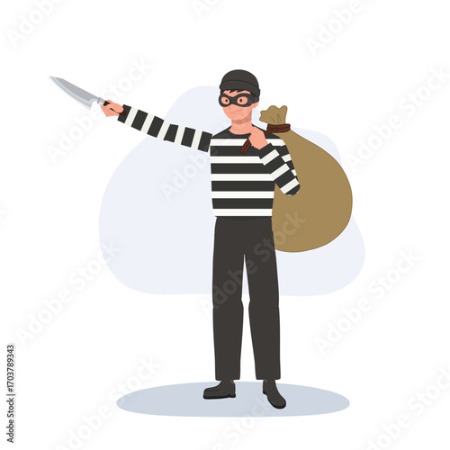 thief robber burglar cartoon character with knife and money bag