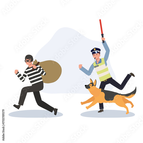 a masked thief runs away carrying a sack of loot while a police officer and his german shepherd chase him