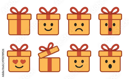 Set of gift boxes with various emoji expressions on gradient background