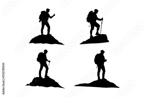 hikers climbing rocky terrain with backpacks and walking sticks silhouette