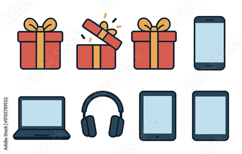 Gift boxes with electronics: laptop, headphones, tablet, smartphone icons illustration