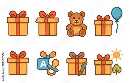 Cute baby-themed icons with gifts, teddy bear, balloon, and toys