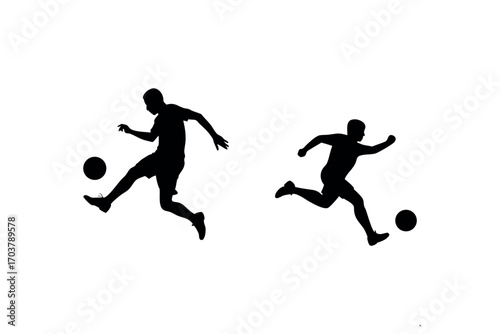players kicking soccer balls in dynamic action silhouette