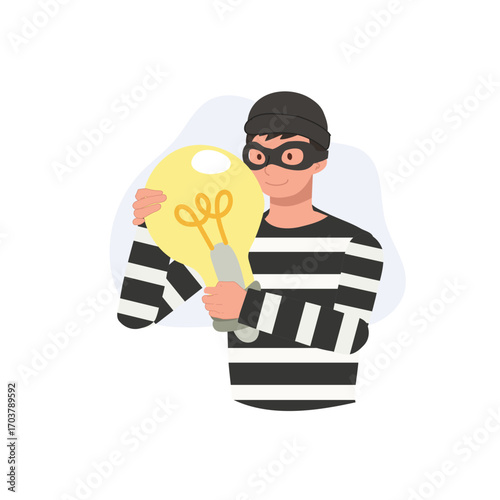 thief in striped shirt and mask holds a large glowing light bulb representing idea theft and intellectual