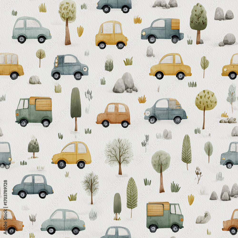 A cute boys’ seamless pattern featuring hand-drawn watercolor vehicles like cars, trucks, and buses in soft muted colors A cute boys’ seamless pattern featuring hand-drawn watercolor vehicles like cars, trucks, and buses in soft muted colors