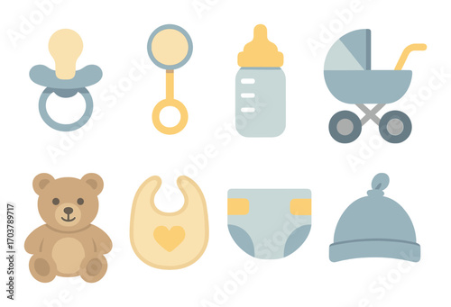 Baby essentials icons: pacifier, rattle, bottle, stroller, teddy bear, bib, diaper, hat