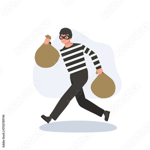 robber dressed in black and white striped outfit carrying stolen goods shows burglary crime and thief running