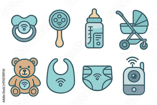 Smart baby products icons - pacifier, bottle, stroller, teddy bear, bib, diaper, monitor