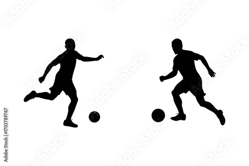 two soccer players in action captured in silhouette