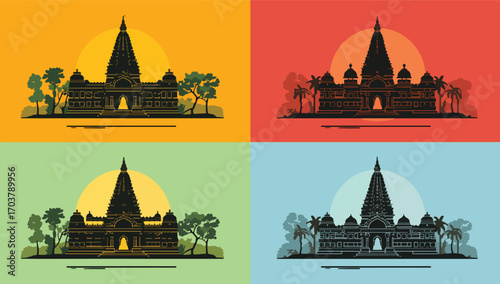 Silhouetted indian temple with sunset behind mountain range in four colors. Ideal for travel brochures, cultural websites, and spiritual content.
