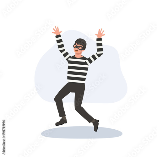 a happy thief in striped clothes jumping with joy funny burglar character