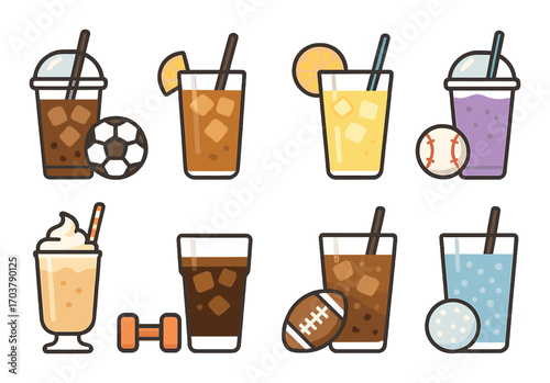 Refreshing iced beverages and sports icons set