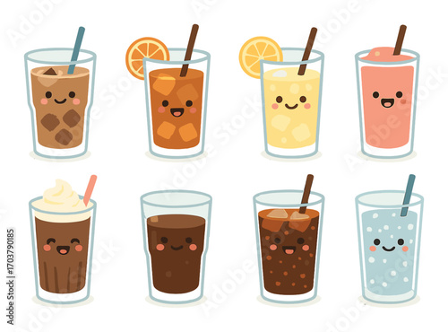 Cute cartoon drinks with smiling faces in glasses