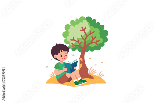 child reading book under tree with leaves silhouette