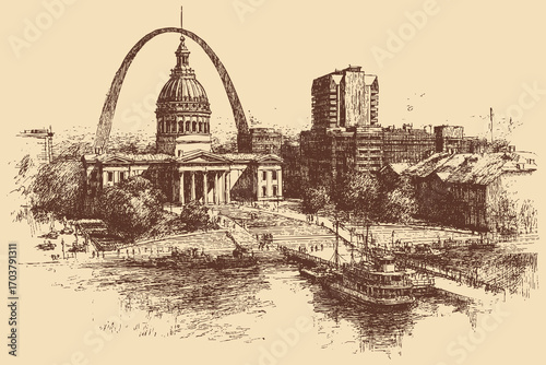 Gateway Arch, St. Louis illustration in a vintage style. This vector illustration can be used in any size you like for advertising, logos, and other work.